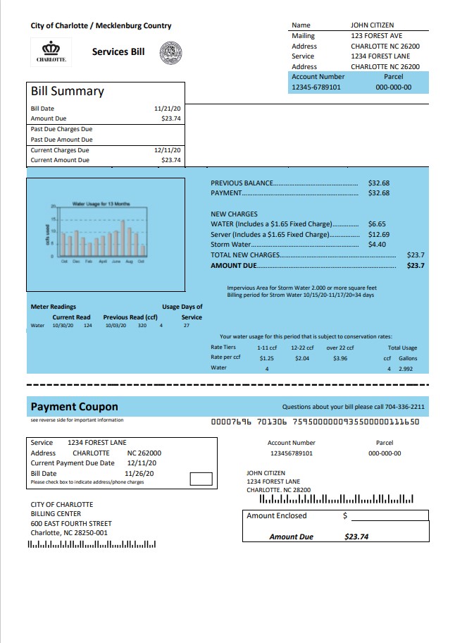 USA North Carolina City of Charlotte water utility bill template in Word and PDF format